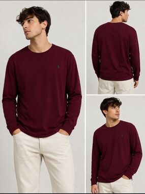 Polo Ralph Lauren Burgundy Long Sleeve Tee Green Pony Logo Men’s Large